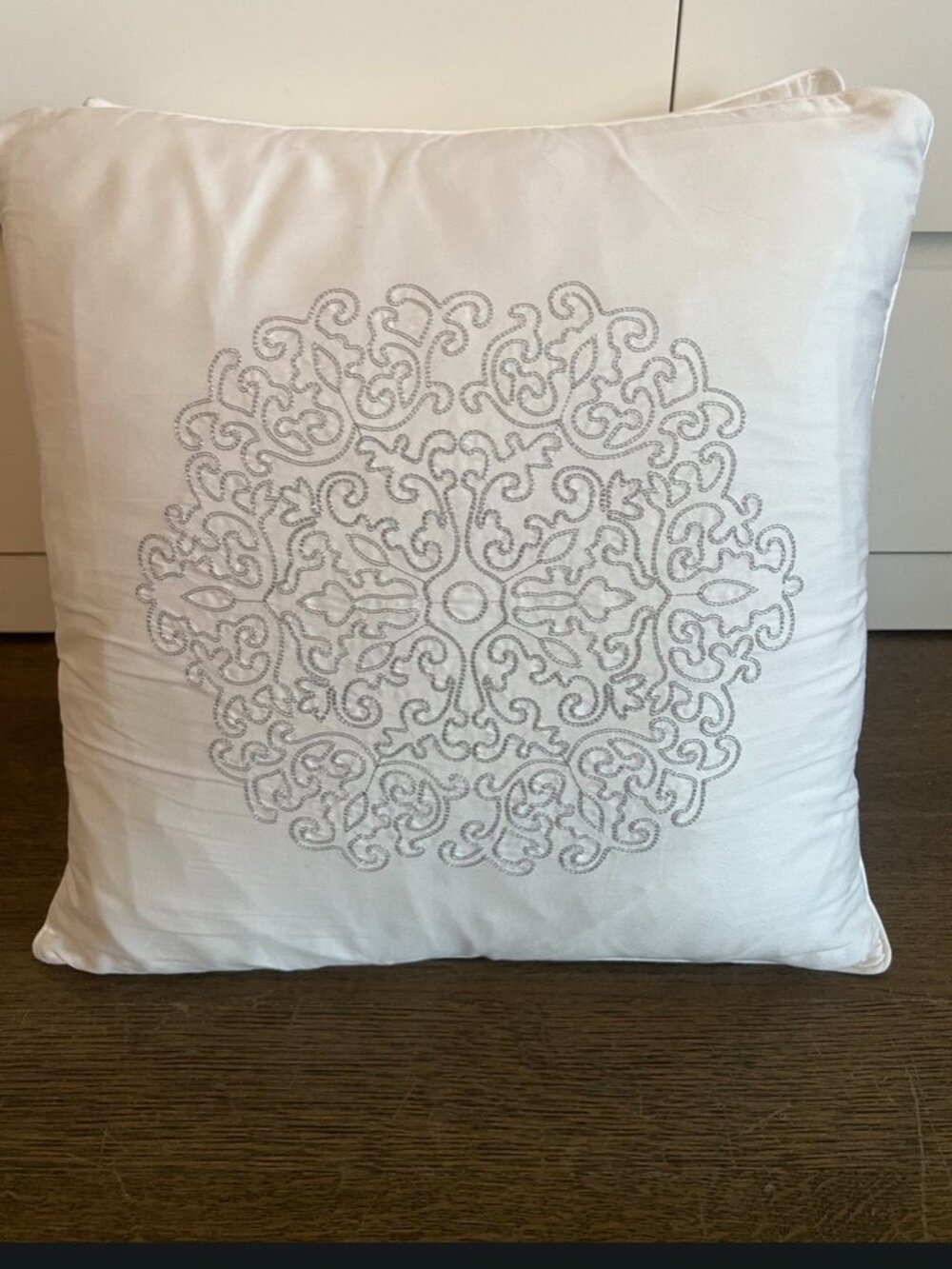 Pair of Frette White Silver Embroidered Pillows 15โ with Inserts